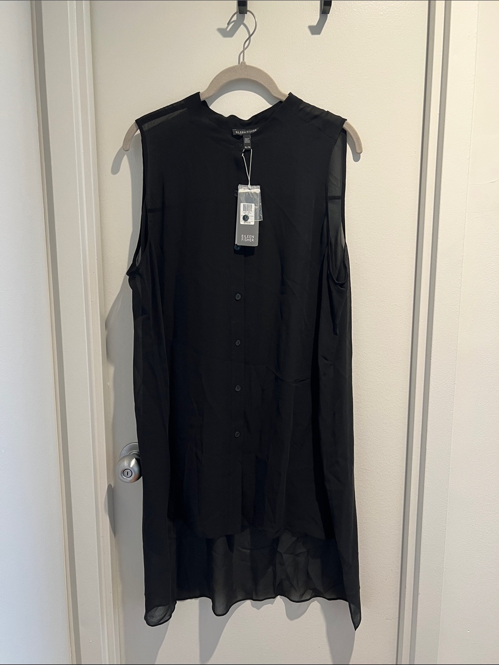 Eileen Fisher sheer Black Sleeveless mandarin collar tunic button down